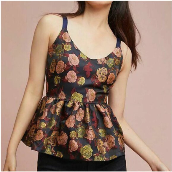 Anthropologie Tank Top Womens Small Black Sleeveless Floral Jacquard Peplum Hem - Picture 1 of 9